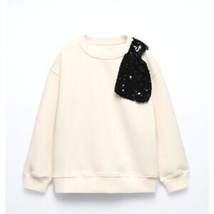 NWT Zara Girl Sequin Black Ribbon Cream Sweatshirt Size 9-10 Crewneck Pullover